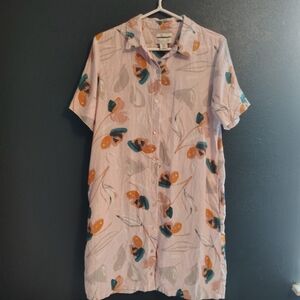 Rachel Zoe Women's Casual Linen Shirt Dress Orange and Blue Floral Pattern